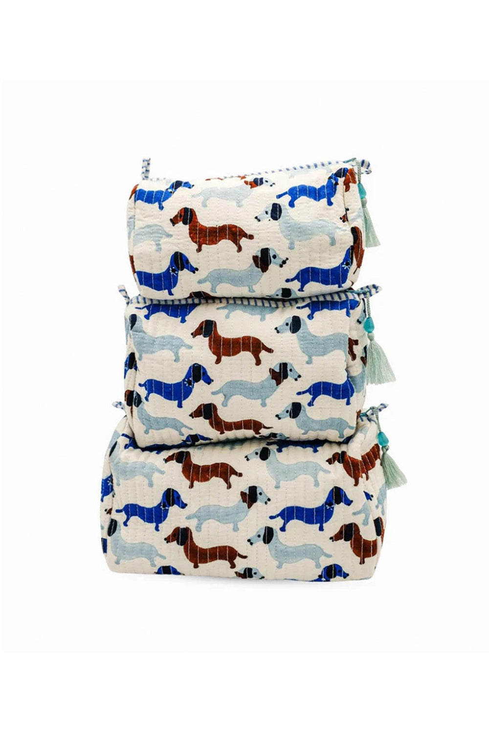 Dachshund toiletry bag set, blue and brown dog print fabric with tassel trim