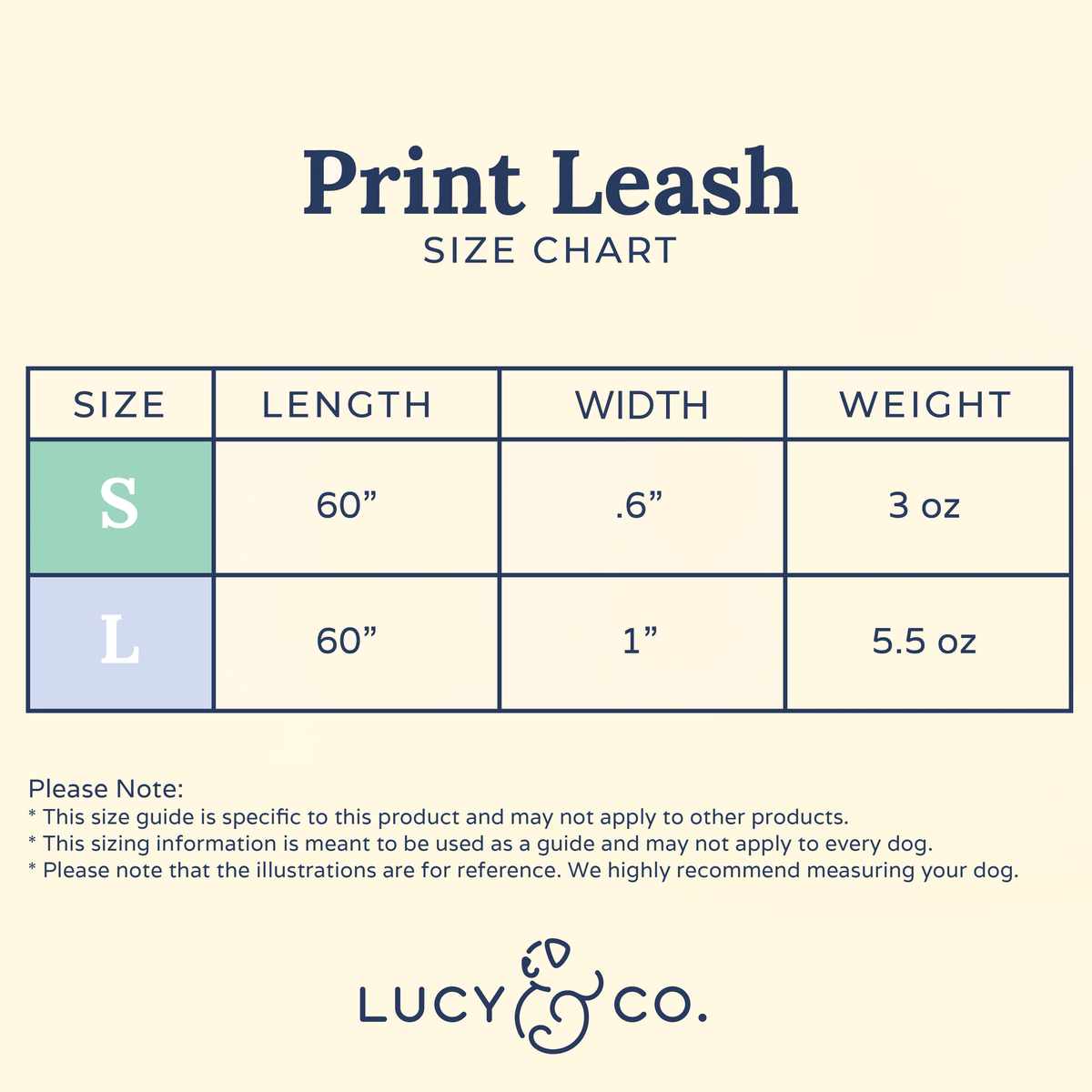 Print dog leash size chart showing 60-inch length in two widths and weights.