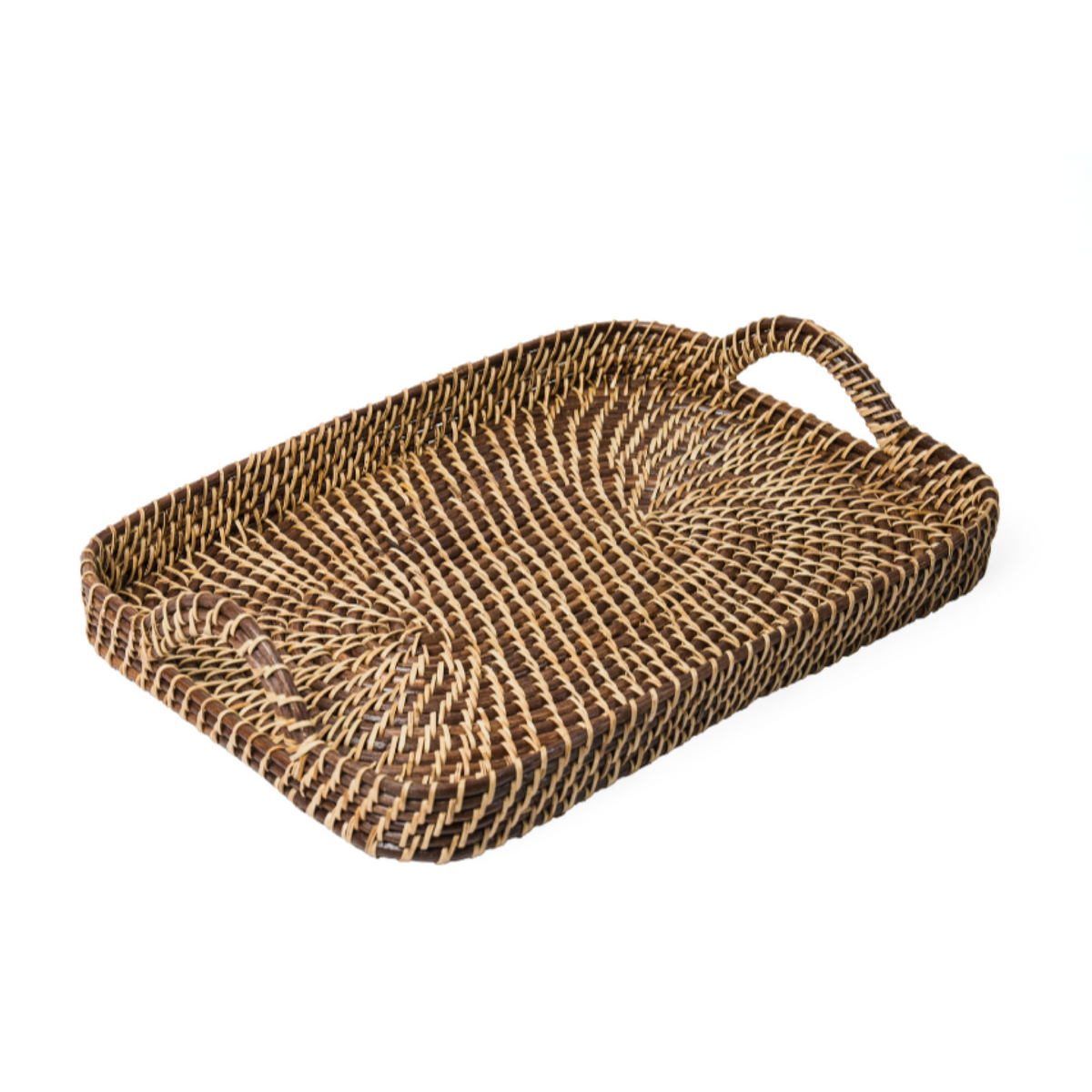 Woven rectangular tray with brown and natural pattern, open weave, corner rope handle