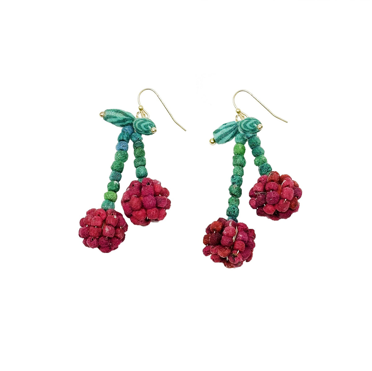 Kantha cherry drop earrings, green leaf detail and pink pom-pom clusters