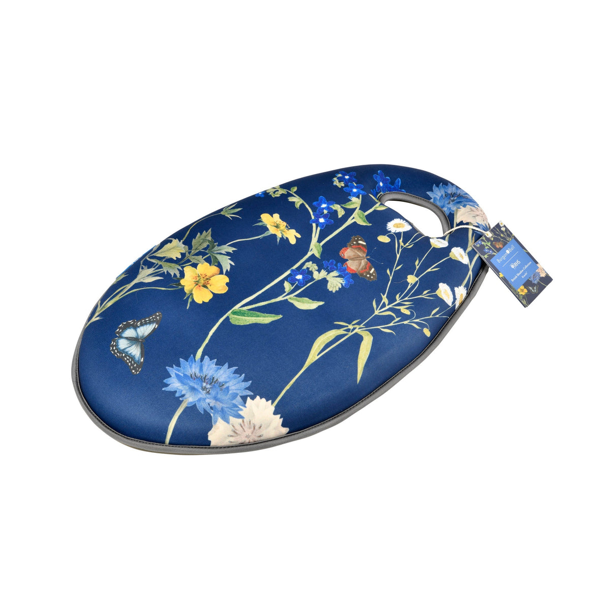 Oval blue garden kneeler pad with meadow floral print, butterflies, and side tag