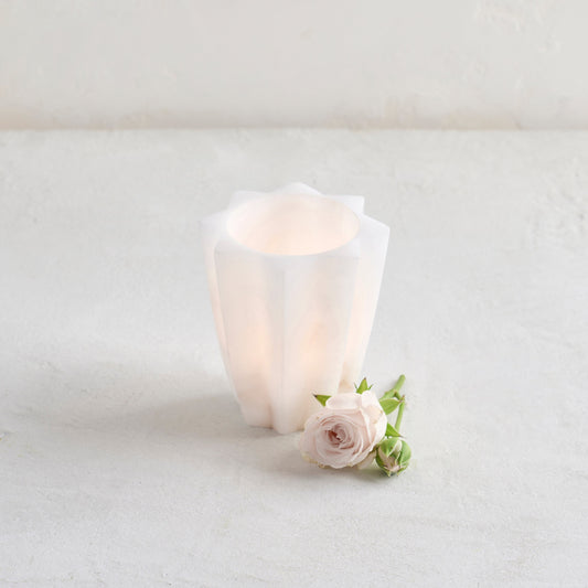 Alabaster votive cup, frosted white, with pink rose and green leaves