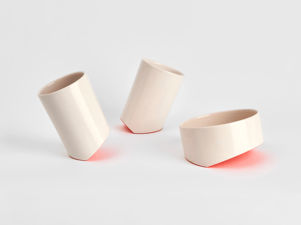 Set of 3 ceramic cups, pale cream with smooth sides and wide rims