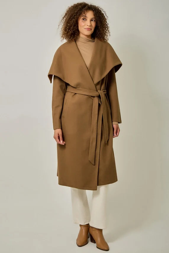 Camel long shawl-collar coat with draped lapels and waist tie belt
