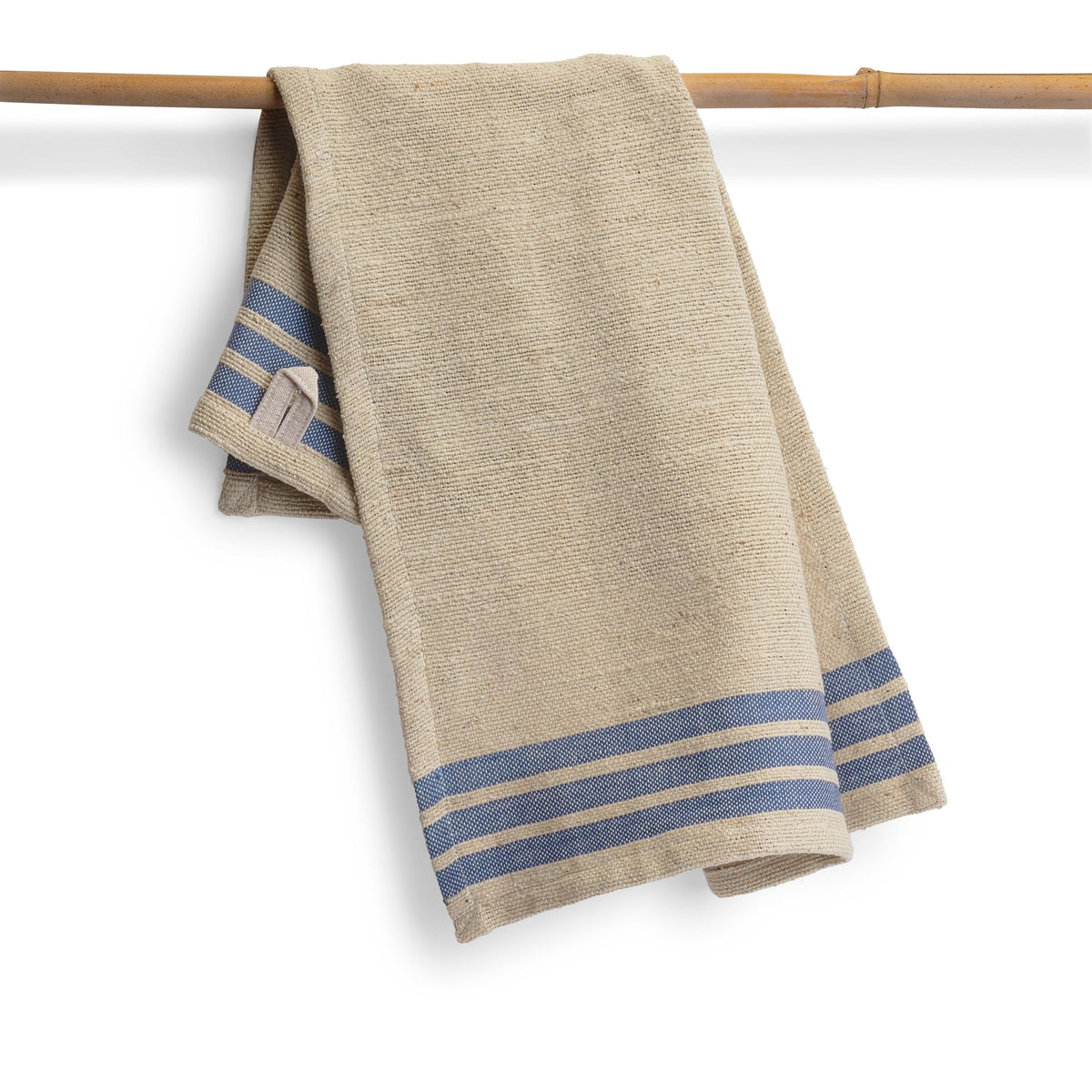 Handwoven cotton kitchen towel in natural beige with blue striped border