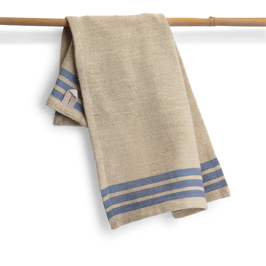 Handwoven cotton kitchen towel in natural beige with blue striped border