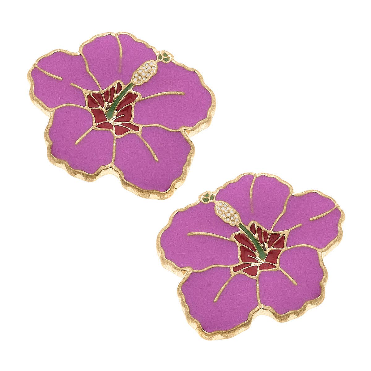 Pink hibiscus enamel stud earrings with gold-tone edge and flower center detail