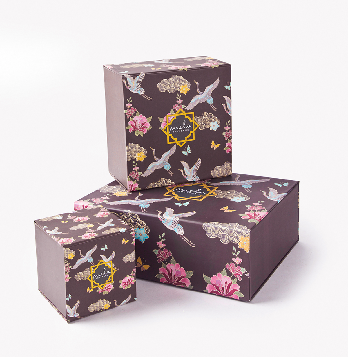 Decorative printed gift boxes set of three, dark brown with birds and flowers