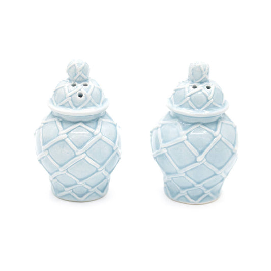 Light blue textured salt and pepper shaker set with lidded jar-shaped ceramic shakers