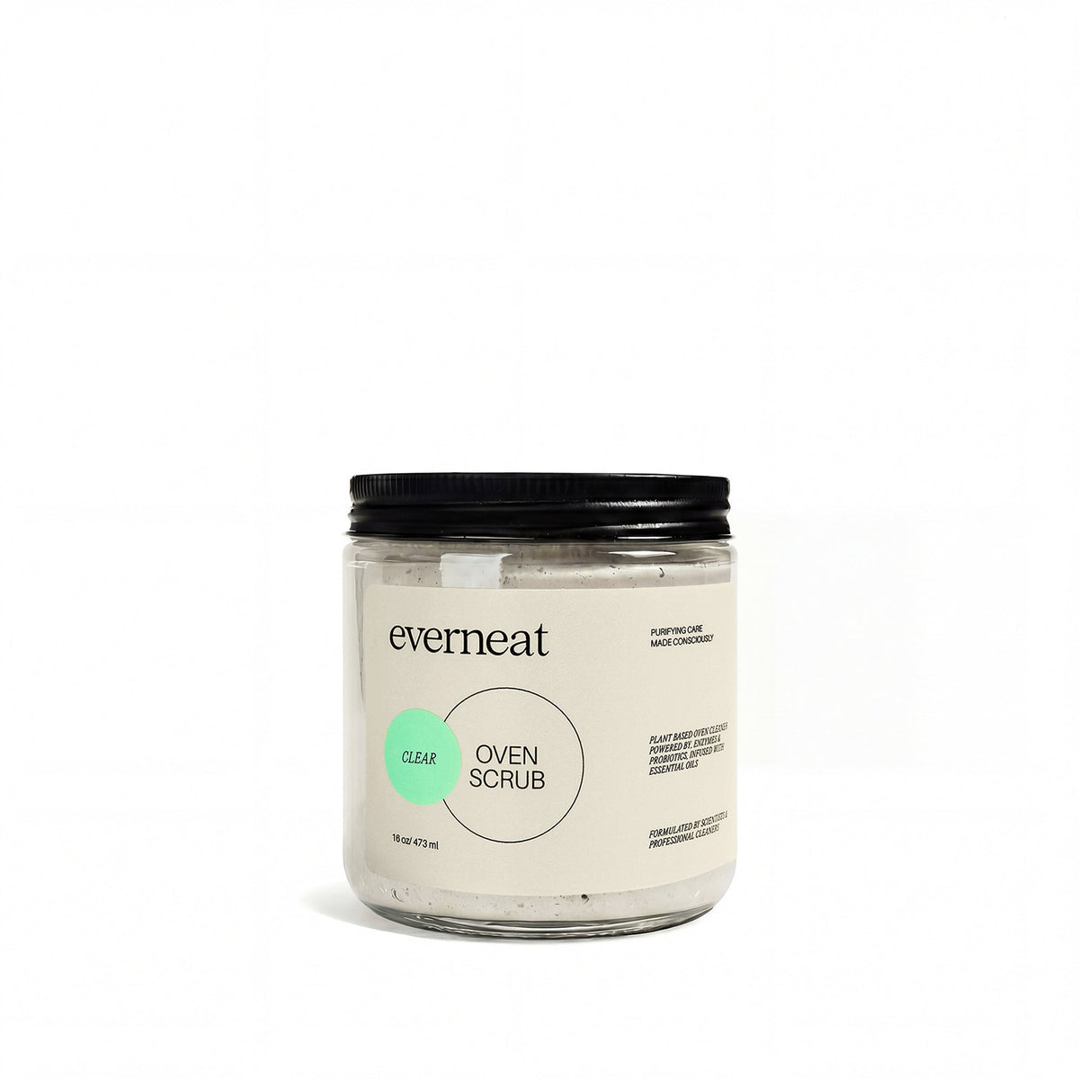 Clear oven scrub in a glass jar with black screw-top lid