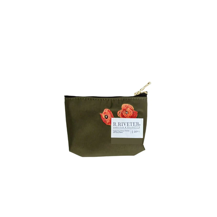 Lucy mini zipper pouch in fatigue green with floral patch and gold zipper, R.RIVETER label