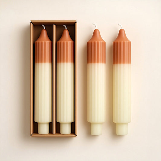 Two-tone pleated taper candles, camel top and cream base, set of 2 in box