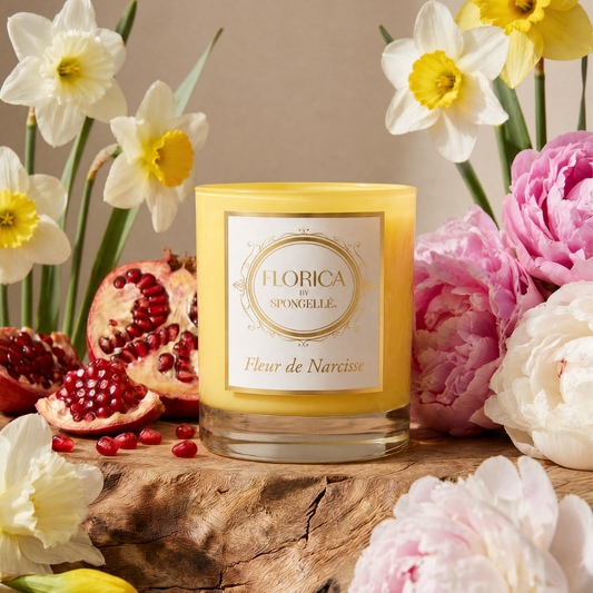 Yellow glass jar candle with Florica label, Fleur de Narcisse scent