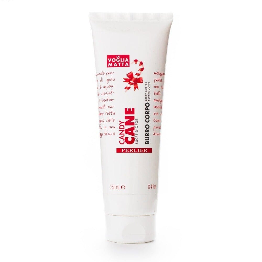 Body butter tube, white with red candy cane and vertical Candy Cane label