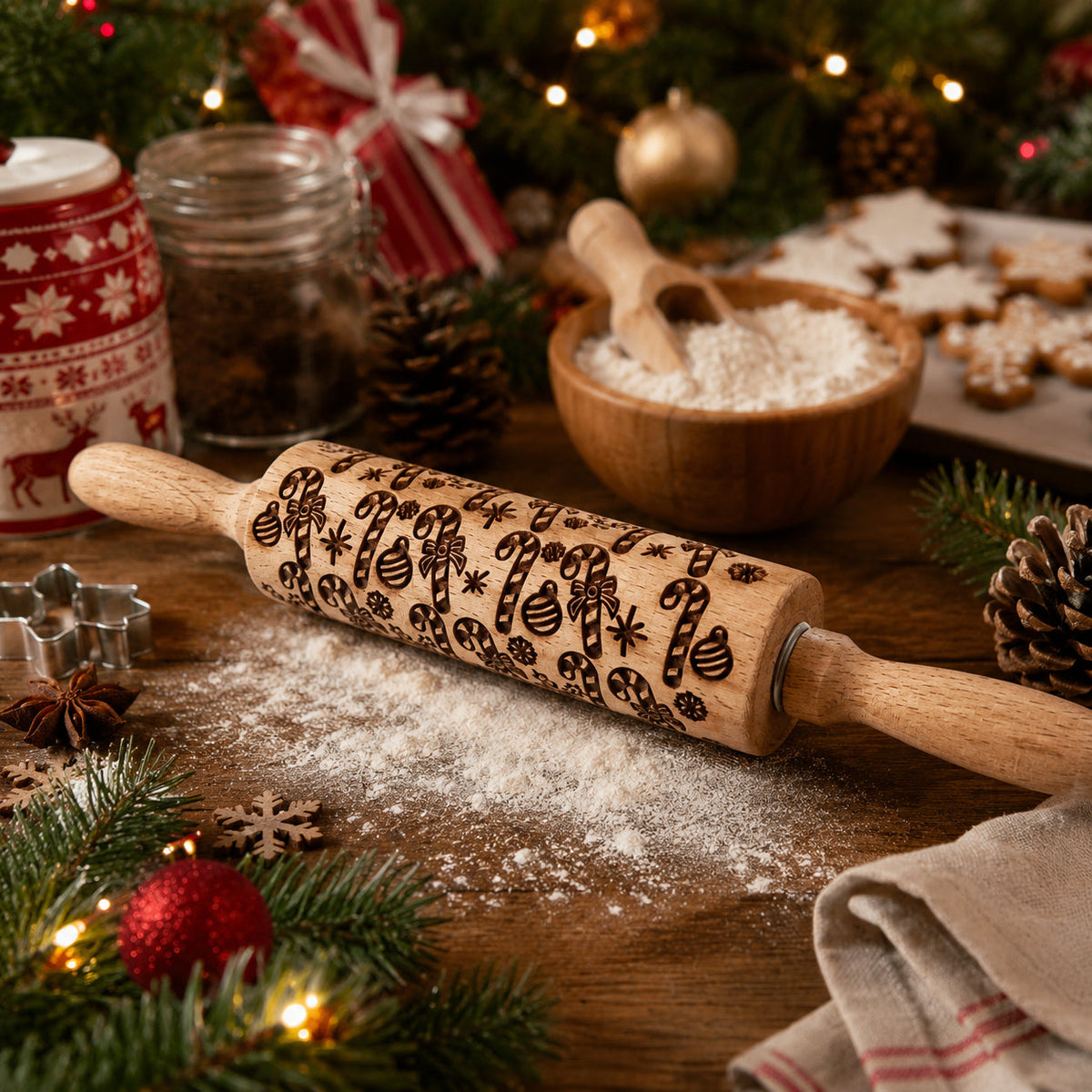 Christmas rolling pin with embossed holiday icons and flour-dusted wood barrel