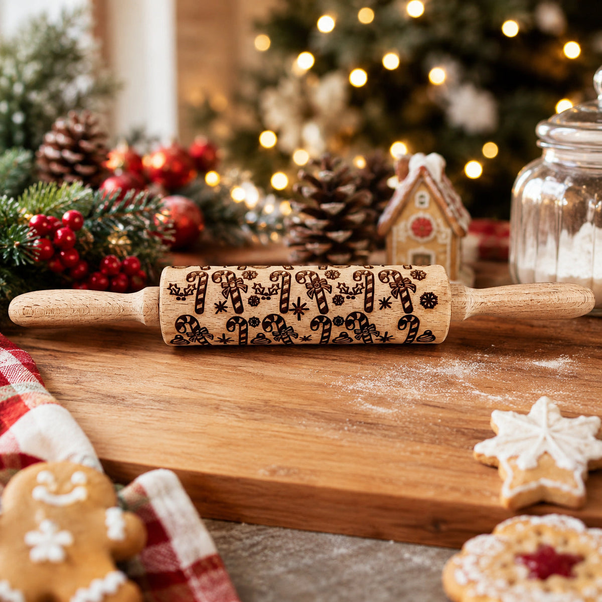 Wooden Christmas rolling pin with embossed house and festive cookie pattern