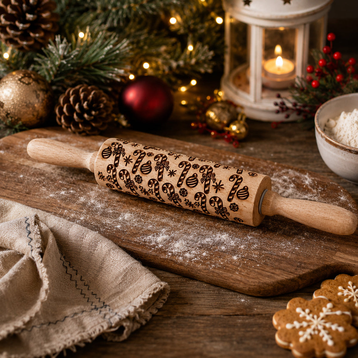 Christmas rolling pin with embossed candy, ornaments and stars on light wood barrel