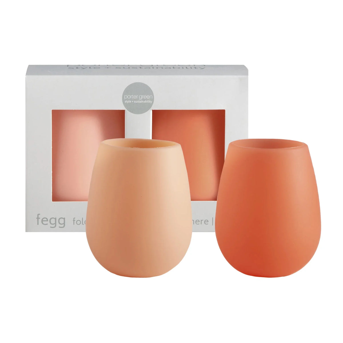 Retail box of orange stemless silicone wine glasses, two armless cups