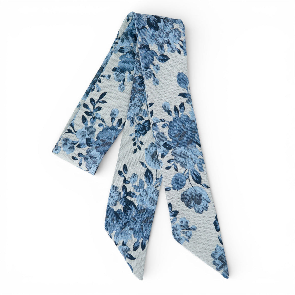 Floral hair sash ribbon, blue and navy on light fabric, long scarf-style strip