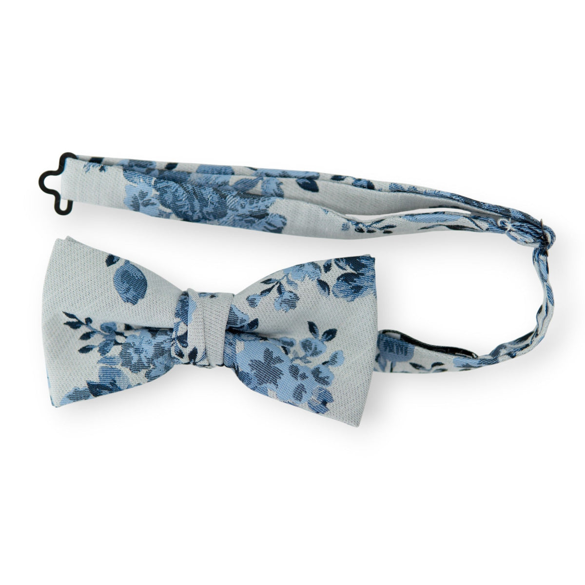 Floral pre-tied bow tie in light blue with navy-blue flower pattern