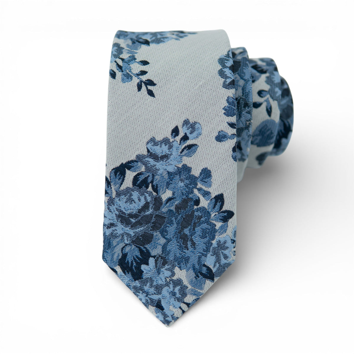 Men's light blue floral necktie with dark blue blossoms, textured weave