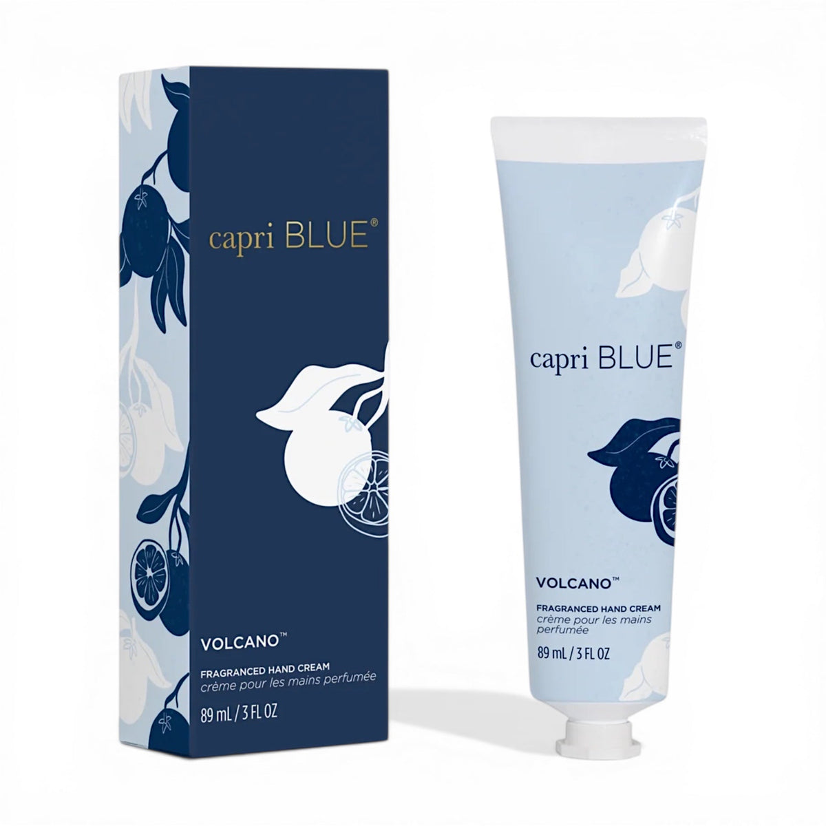 Capri Blue Volcano hand cream tube with blue floral graphic, 89 mL