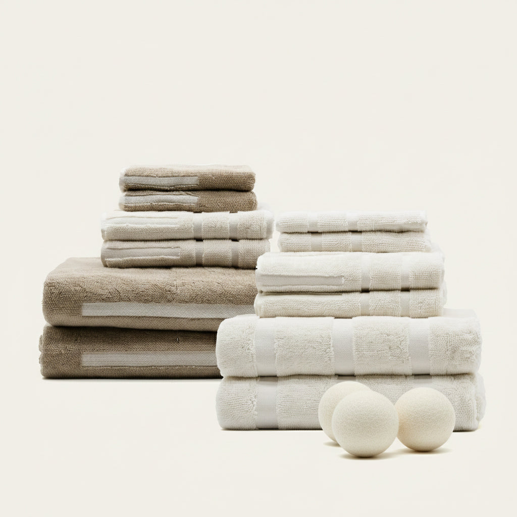 Australian cotton towels, stacked beige and white towels with dobby stripe trim