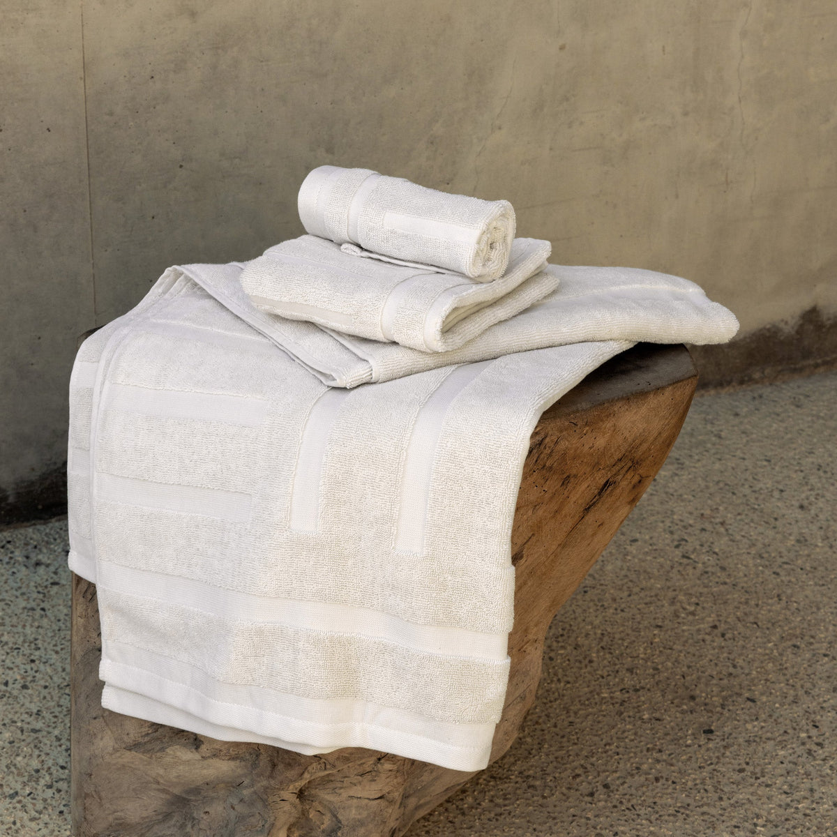Sorrel Australian cotton towels set in white with wide ecru stripe band, folded