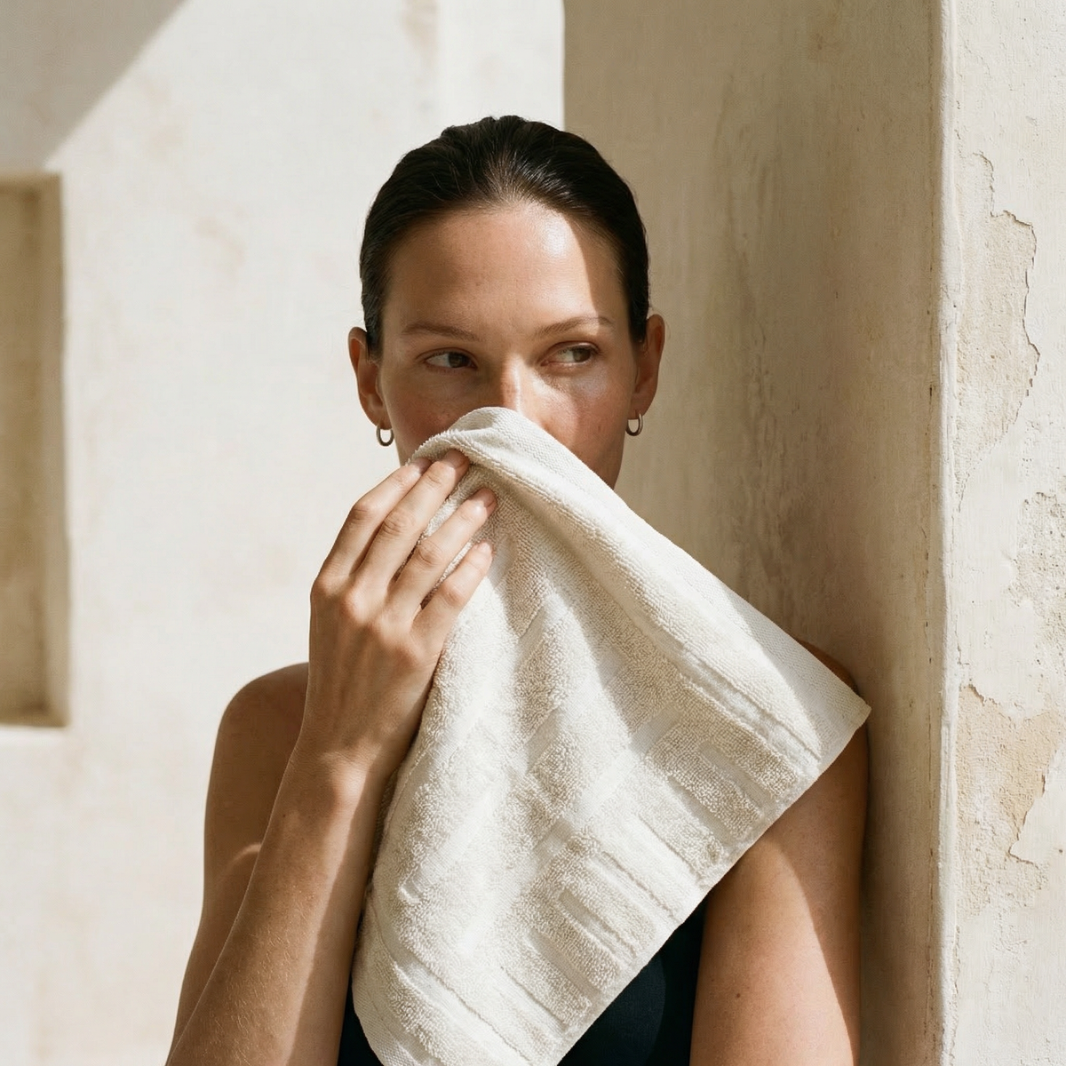 White cotton towel covering part of the face, soft terry texture visible