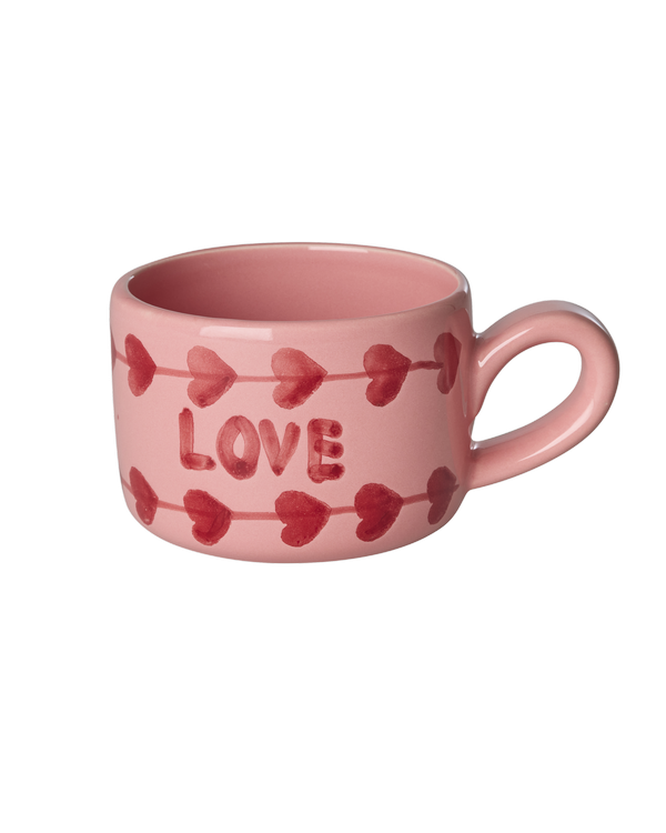 Pink ceramic cappuccino cup with red hearts and hand-painted LOVE