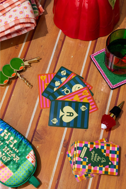Colorful plaid playing card deck, waterproof design with illustrated silhouettes