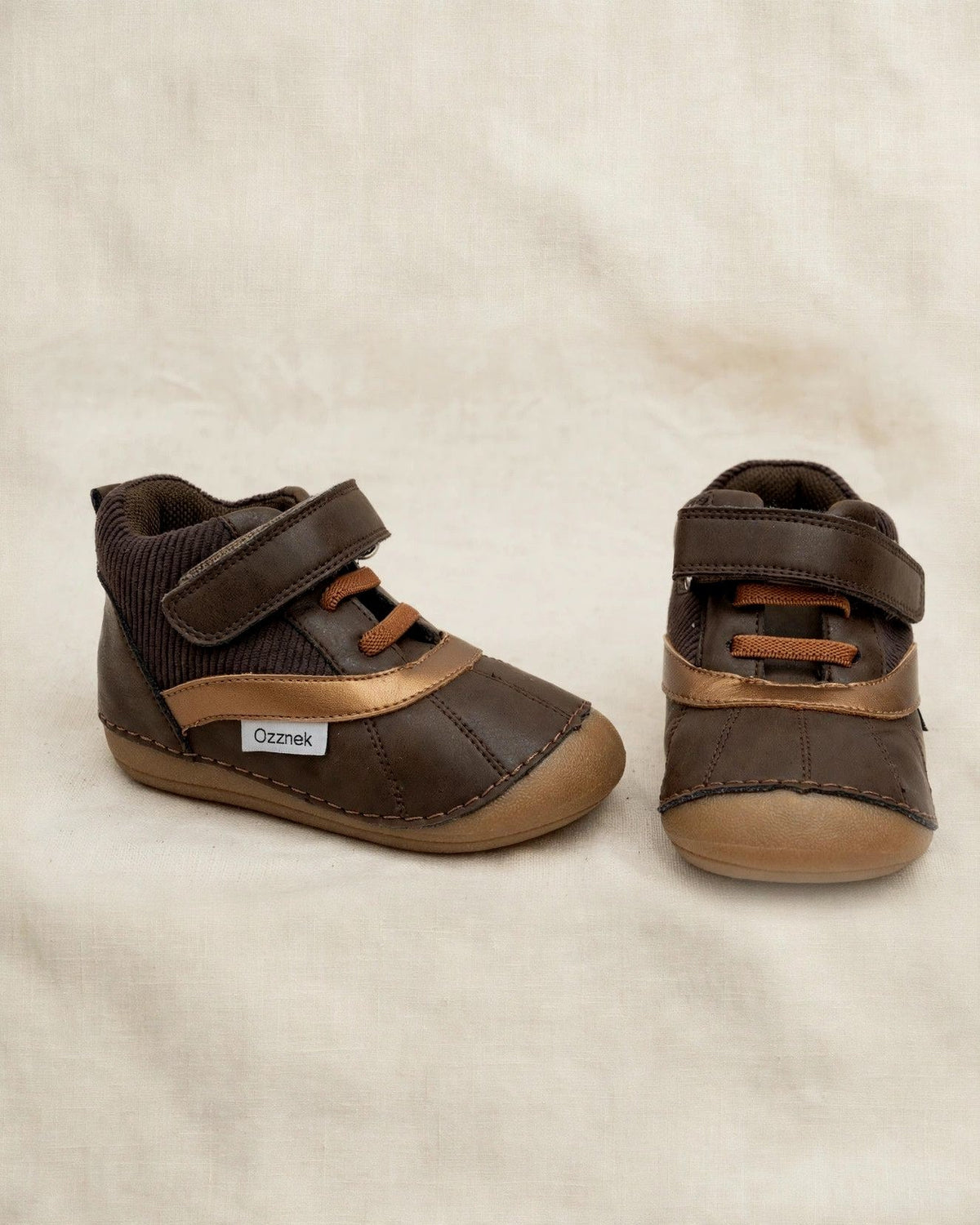 Kids barefoot boots, dark brown with tan panels, hook-and-loop strap, elastic collar