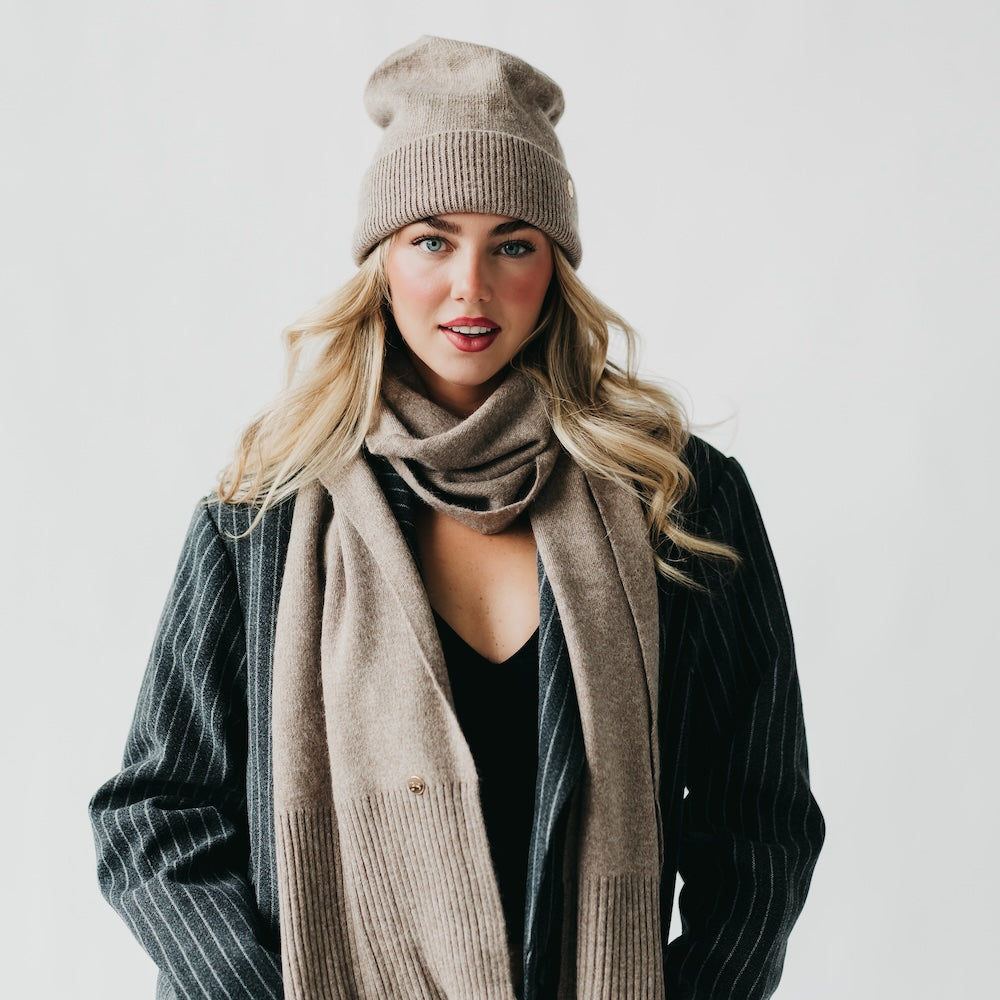 Mocha cashmere wrap scarf with matching knit beanie, draped cowl with button