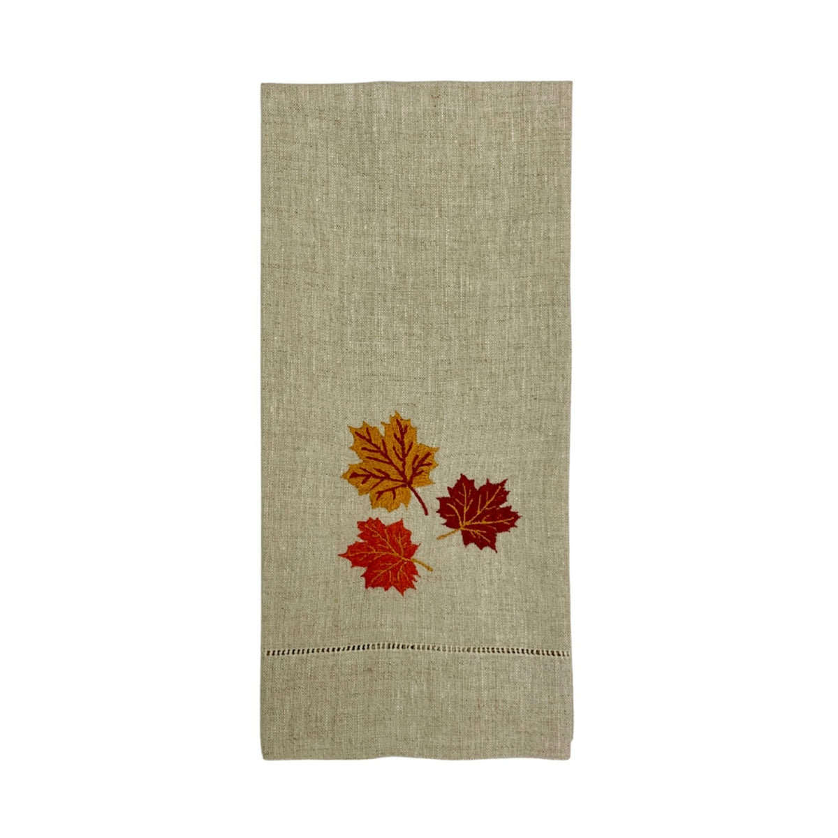 Tea towel in light beige with embroidered autumn leaf trio and stitched bottom hem