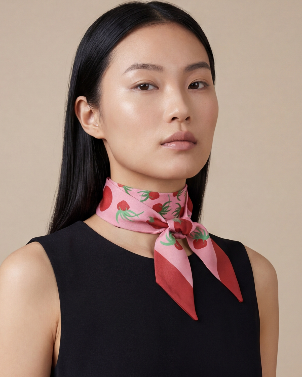 Twilly scarf worn on neck, pink tomato print with green leaves and red bow