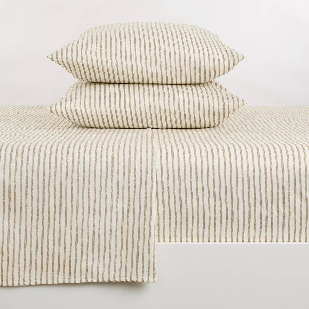 Light taupe striped microfiber sheet set with two pillowcases and matching flat sheet