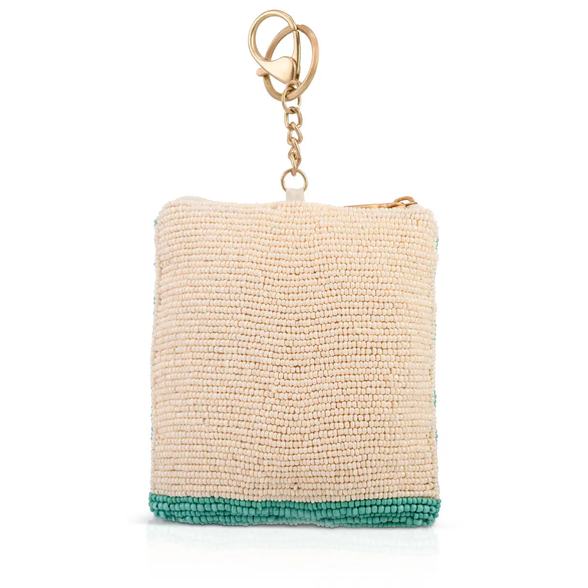 Beaded coin purse, light beige with teal bottom trim and gold-tone key ring
