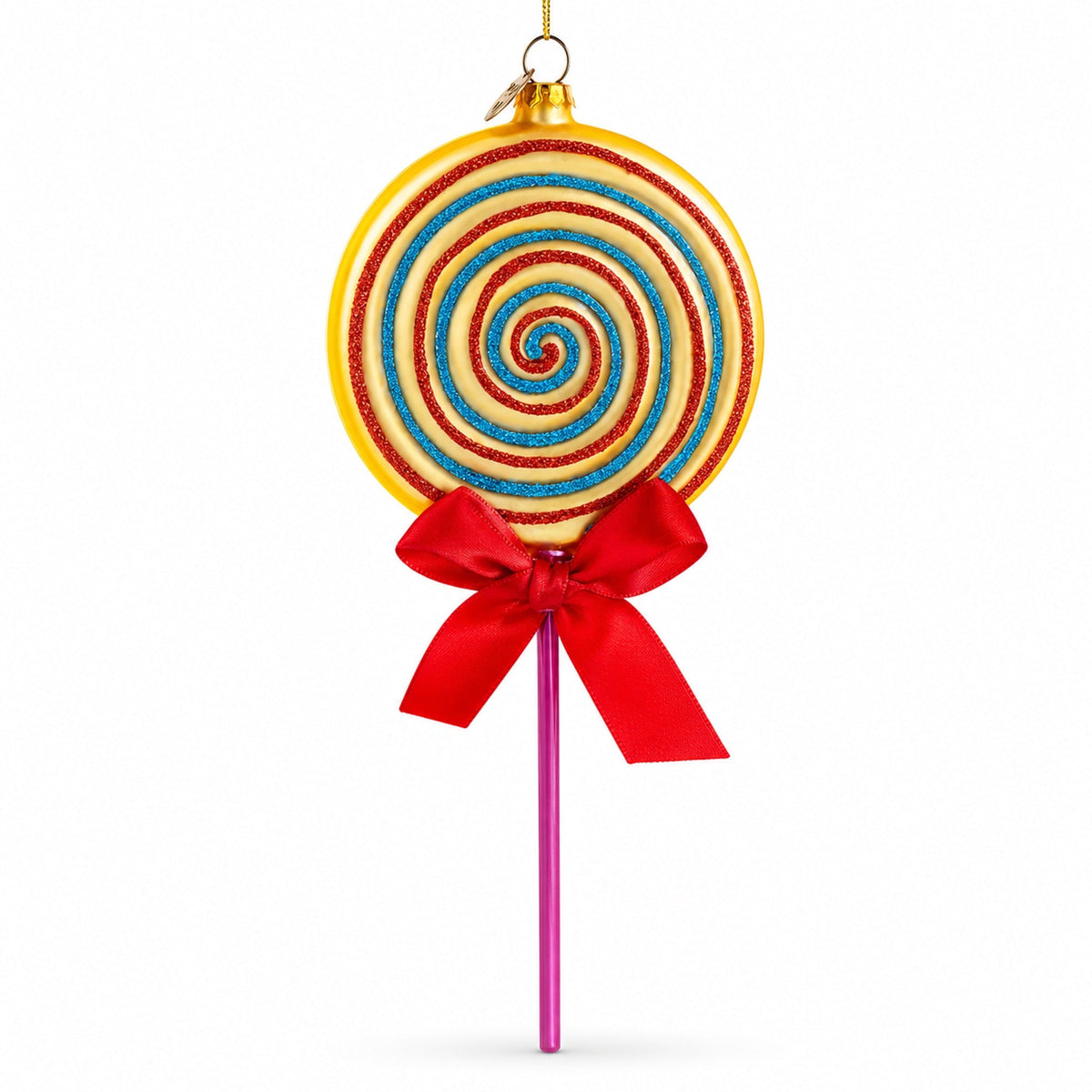 Swirled lollipop glass Christmas ornament with red ribbon, hanging loop, and stick