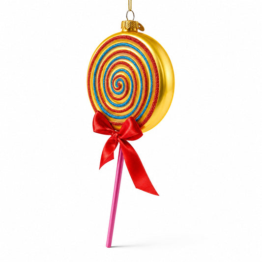 Swirled lollipop glass Christmas ornament with red bow, gold cap, and hanging loop