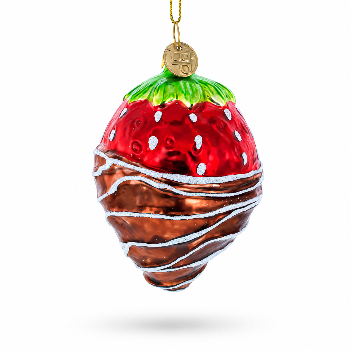 Chocolate-dipped strawberry glass Christmas ornament with gold loop, red and green details