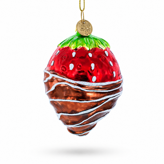 Chocolate-dipped strawberry glass Christmas ornament with gold loop, red and green details