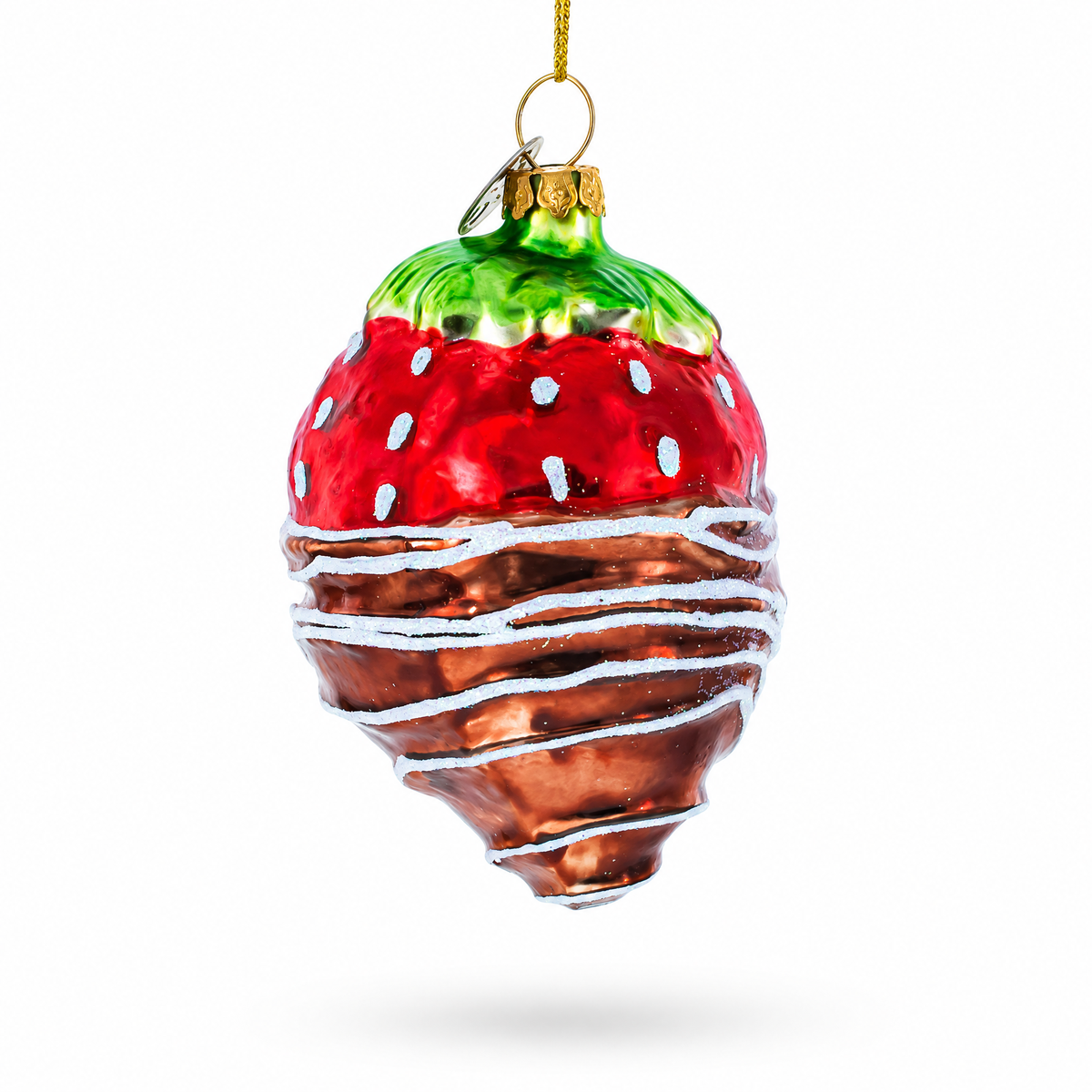 Glass Christmas ornament, teardrop strawberry design with red speckles and chocolate stripes