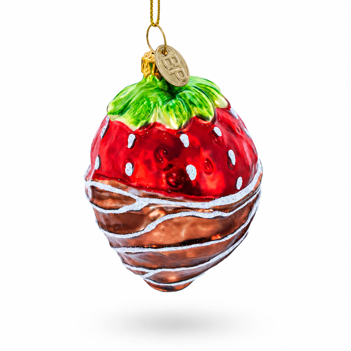 Glass Christmas ornament with green leafy top, red strawberry with white dots and chocolate stripes