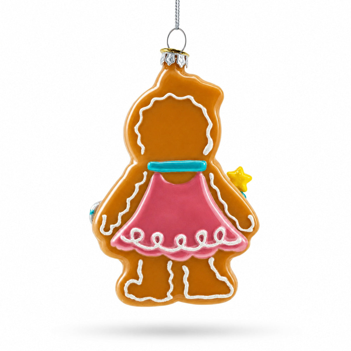 Hanging glass gingerbread girl ornament back view with pink skirt and teal waistband