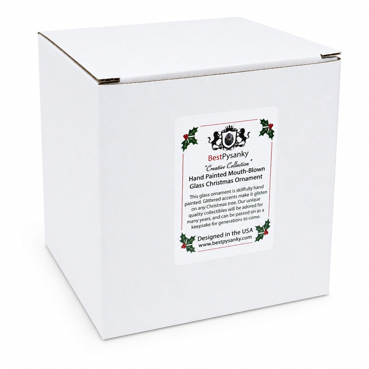 White gift box with printed ornament label and holiday tree artwork