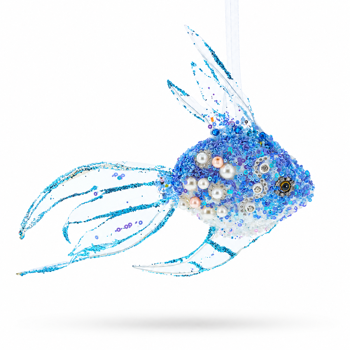 Blue glass fish Christmas ornament with beadwork, pearls, and blue ribbon fins