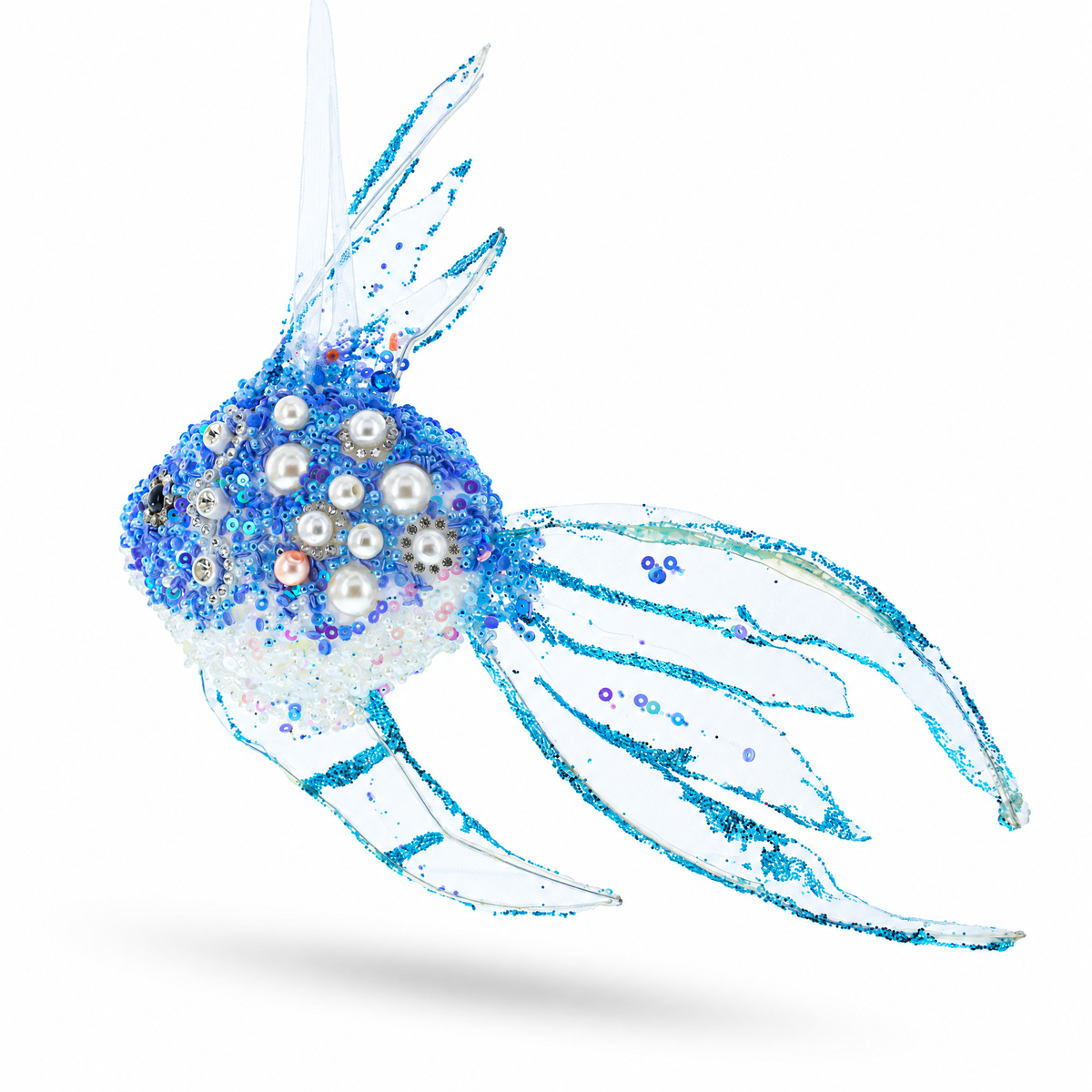 Blue glass fish Christmas ornament with long curved blue fins and pearl clusters