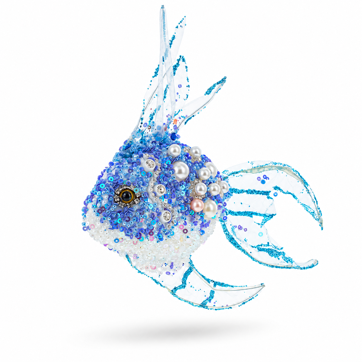 Blue glass fish Christmas ornament with detailed beadwork, pearls, and a painted eye