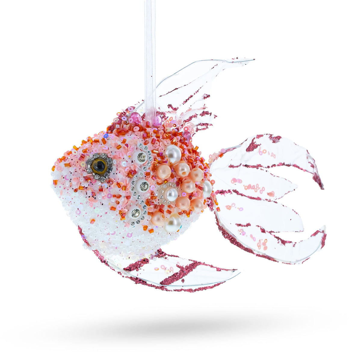Coral reef fish glass Christmas ornament with beaded accents, pearls, and hanging loop