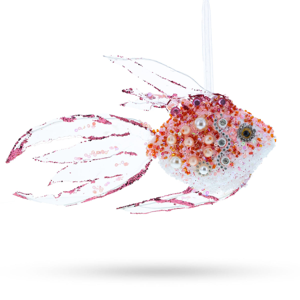 Beaded fish glass ornament with pearl details, coral-orange and white accents, hanging cord